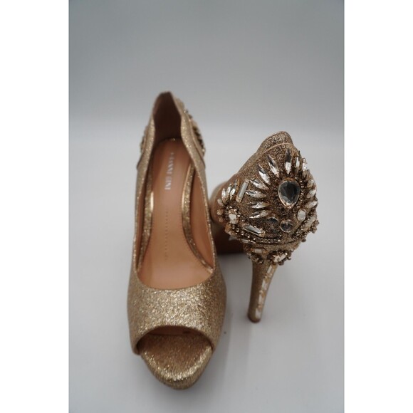 Gianni Bini Gold Rhinestone Embellished Peep Toe Stiletto Heel Platform Size 8M - Picture 1 of 14